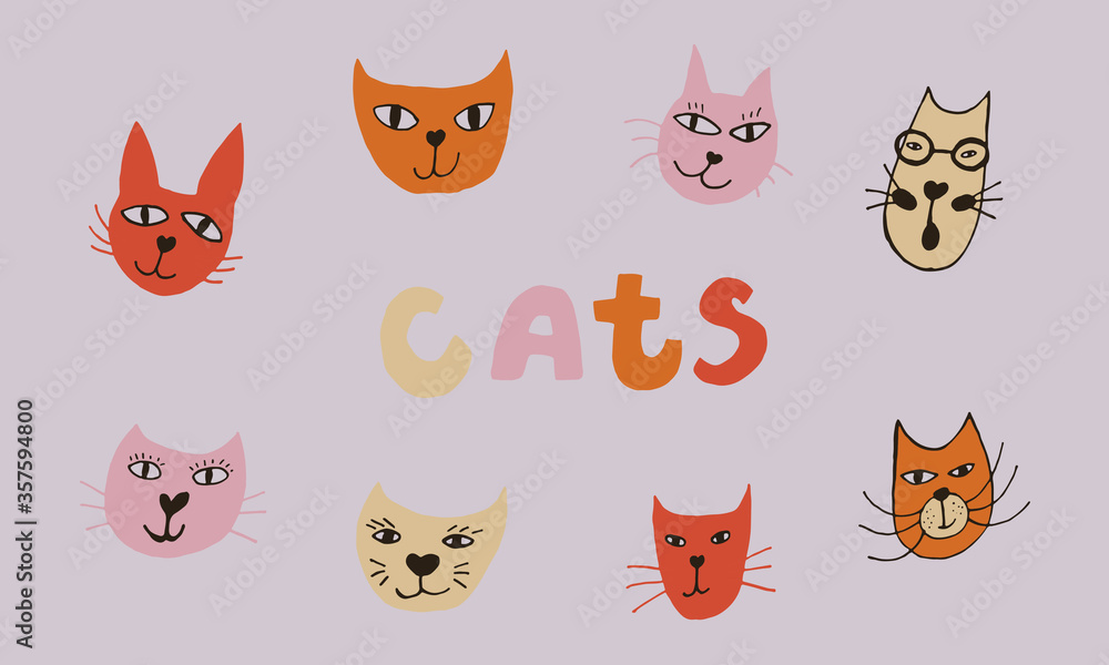 Hand drawn vector illustration of cat faces. Collection of cute funny domestic animals isolated. Simple childish drawing. Hand drawn vector illustration of cat faces. Collection of cute funny domestic animals isolated. Simple childish drawing.