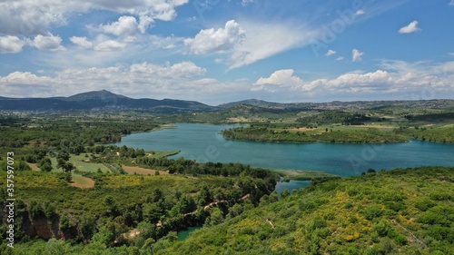 Aerial drone panoramic photo of beautiful nature in artificial lake and dam of Marathonas or Marathon that feeds drinking water supply to Athens, Attica, Greece © aerial-drone