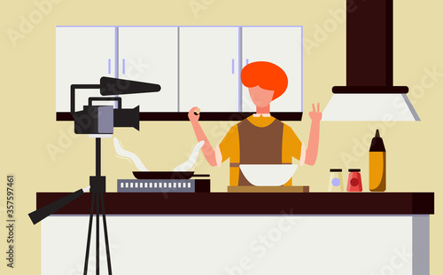 online cooking video vlog at home flat illustration