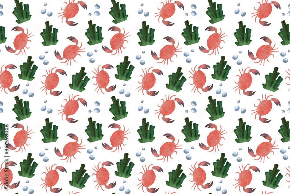 Seamless watercolor pattern of sea crab and seaweed on white background. Hand drawn pattern for baby print, wrapping paper, wallpaper, textile, notebook covers.