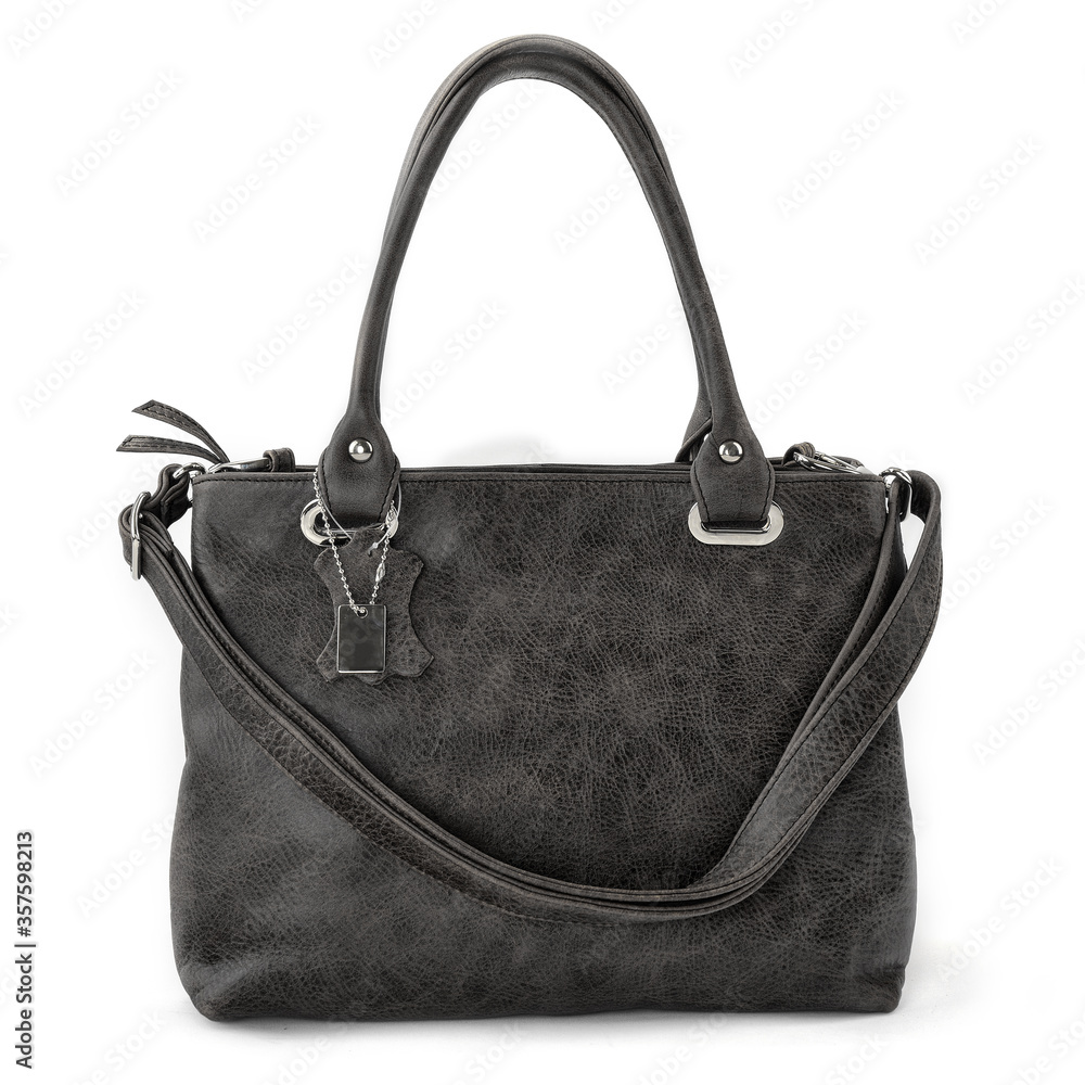 Naklejka premium Elegant black leather woman's handbag isolated on white background, Women's Fashion Bags