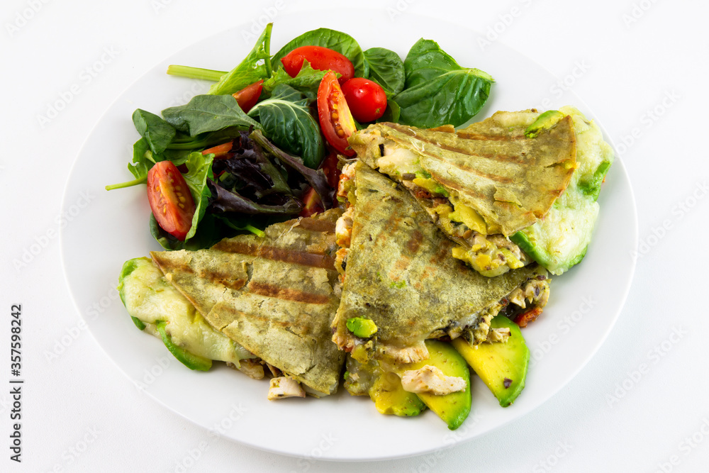 Chicken Quesadilla with avocado, dried tomatoes and jalapeno Chicken Quesadilla with avocado, dried tomatoes and jalapeno