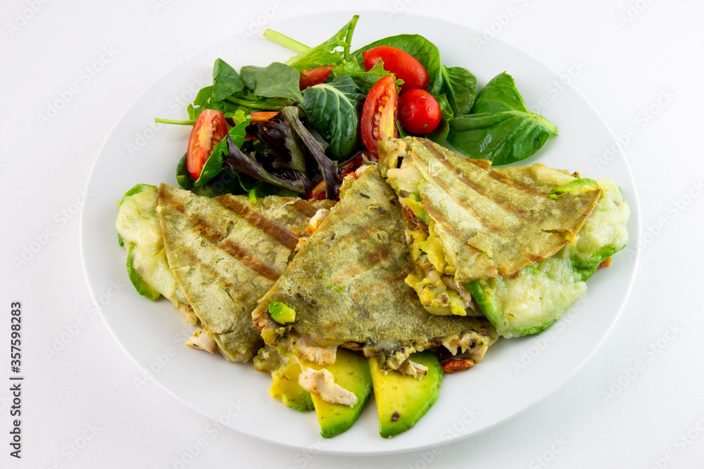 Chicken Quesadilla with avocado, dried tomatoes and jalapeno Chicken Quesadilla with avocado, dried tomatoes and jalapeno