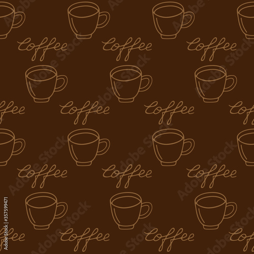 Large mug of coffee or cocoa hand-drawn. Vector seamless doodle pattern on brown background. Design for textile, wrapping, print.