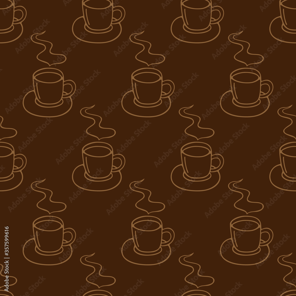 Obraz premium Large mug of coffee or cocoa hand-drawn. Vector seamless doodle pattern on brown background. Design for textile, wrapping, print.