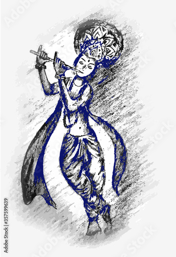 Lord Krishna enjoys the flute vector  illustration 