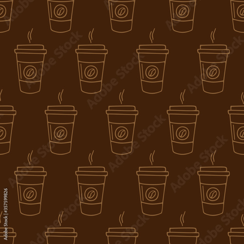 Wallpaper Mural Paper cup of coffee hand-drawn. Vector seamless doodle pattern on brown background. Design for textile, print. Torontodigital.ca