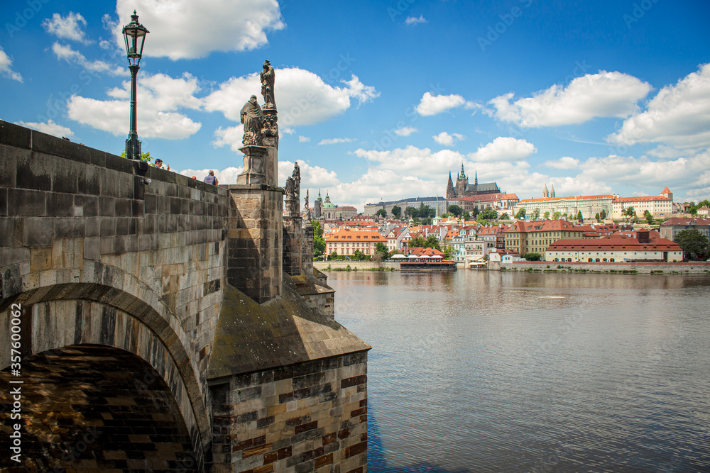 Naklejka premium Prague Charles bridge Prague castle Vltava river sunny day blue sky