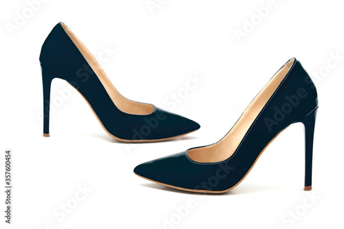 A pair BLUE of women's heel shoes with red rose isolated on white background and Text SALE written