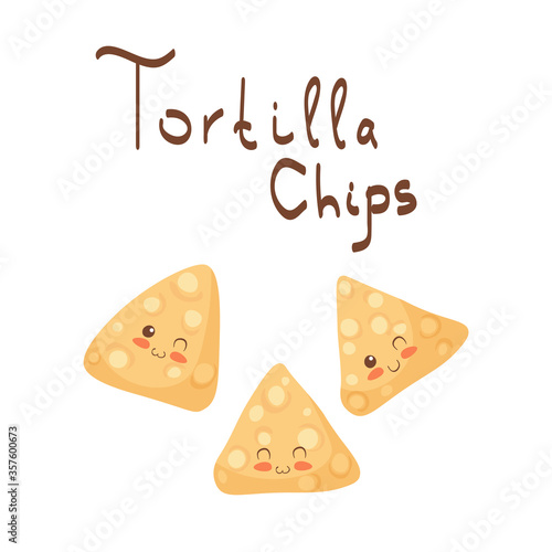 Kawaii Fried Tortilla Chips vector character isolated on white background. Funny smiling triangles with hand written lettering. Cute food mascot illustration. Kids menu, postcard decoration concept.