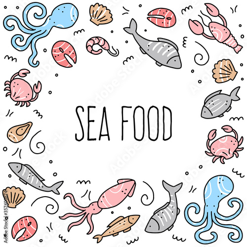 Hand drawn frame of seafood elements, fish, lobster, oyster, octopus, shrimp. Doodle sketch style. Sea food element drawn by dogital pen. Vector illustration for icon, menu, recipe design.