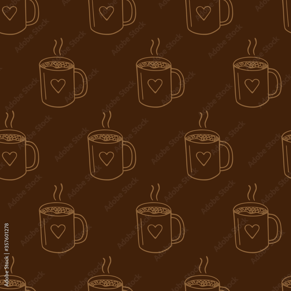 Large mug of coffee or cocoa hand-drawn. Vector seamless doodle pattern on brown background. Design for textile, print.