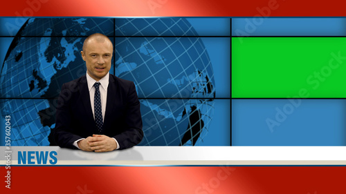 Male news presenter talking in broadcasting studio with green screen display 