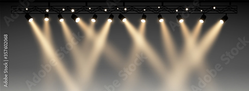 Set of half transparent spotlights with smoke. Various stage lights. vector illustration. realistic scene.