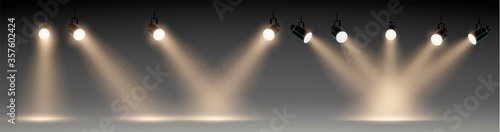 Projector. Scene illumination big collection, transparent effects. Bright lighting with spotlights element. Vector Illustration eps 10