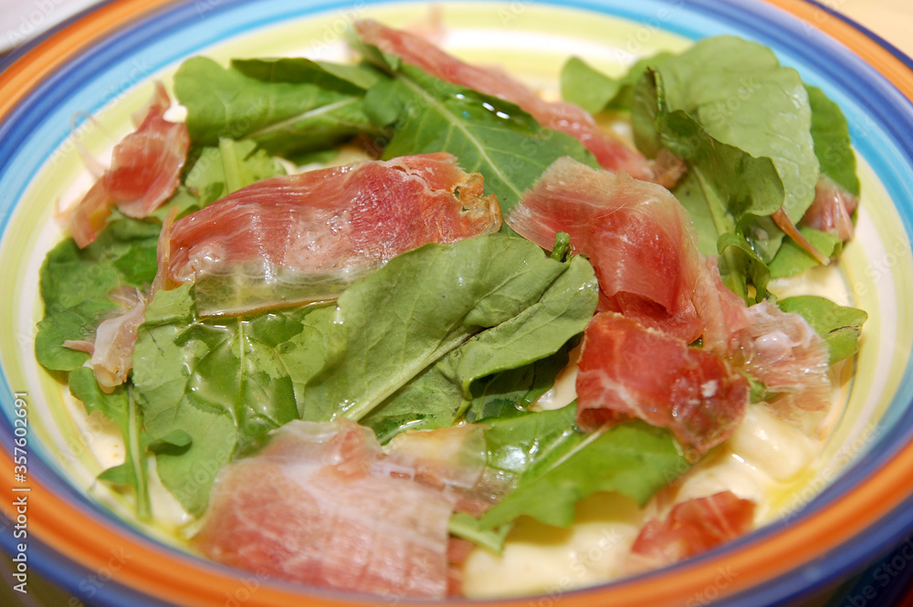 Fettucini panna prosciutto funghi served on plate Fettucini panna prosciutto funghi served on plate