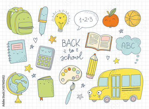 Cute school icons. Set of cartoon characters of school, education and art supplies items with happy faces. Back to School doodles.