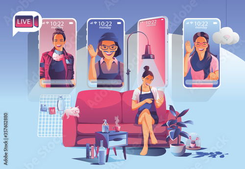 Video conference landing. People on smart phone screen taking with a colleague. Videoconferencing and online meeting workspace man and woman. self quarantine to prevent from COVID -19 vector 