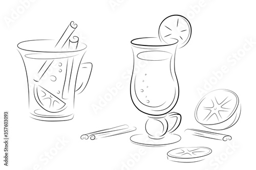 Glasses with mulled wine, orange and cinnamon sticks. Isolated