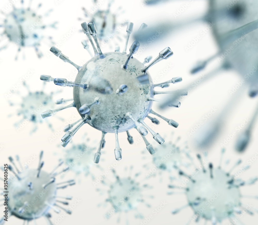 Virus close-up among other blurry viruses on a white background, 3D rendering Virus close-up among other blurry viruses on a white background, 3D rendering