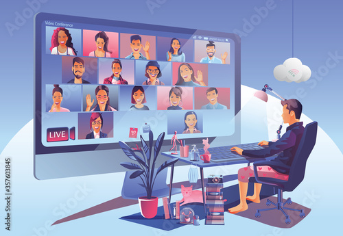 Video conference landing. People on computer screen taking with colleagues. Videoconferencing and online meeting workspace vector page man and woman. self-quarantine to prevent from COVID -19 vector 