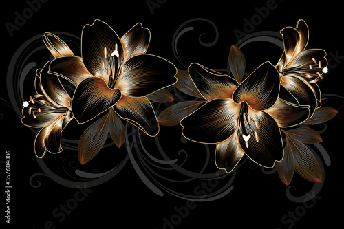 Vintage luxury seamless floral background with golden lilies flowers. Romantic pattern template for wall decor, wallpaper, wedding invitations, ceremonies, cards.