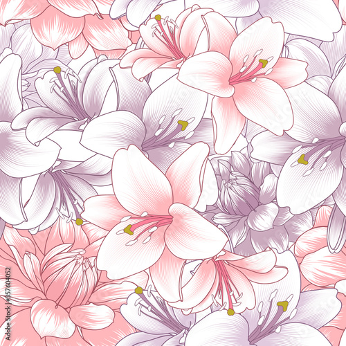 Colorful floral seamless pattern with orange and violet lilies and dahlias flowers.