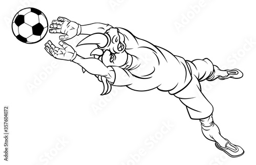 A rhino soccer football player goal keeper cartoon animal sports mascot diving to catch the ball