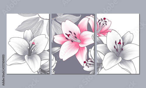 Set of 3 canvases for wall decoration in the living room, office, bedroom, kitchen, office. Home decor of the walls. Floral background with flowers of dahlias. Element for design. 