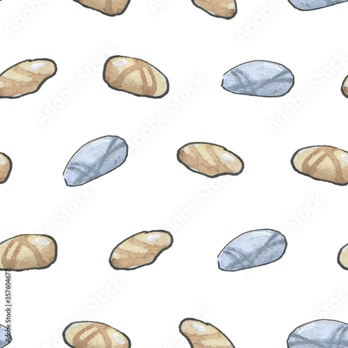 Watercolor hand drawn pattern with stones in sketch style on white background