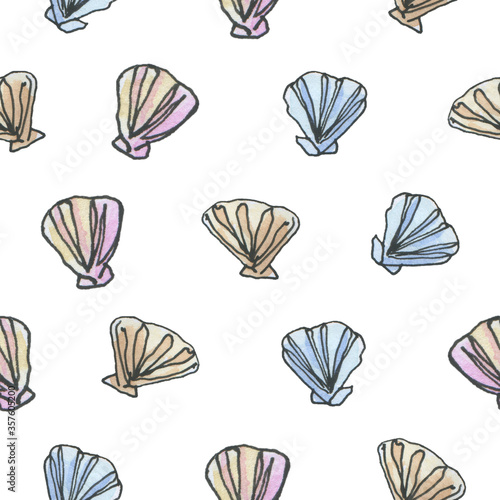 Watercolor hand drawn pattern with shells in sketch style on white background