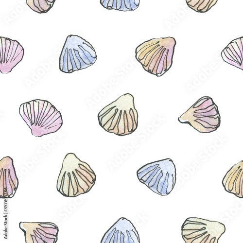 Watercolor hand drawn pattern with shells in sketch style on white background