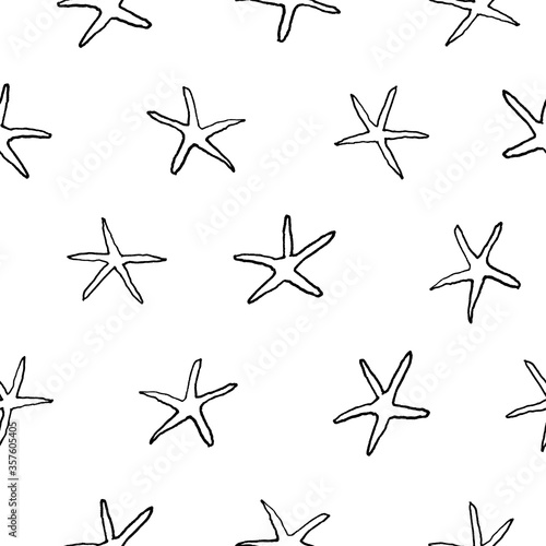 Black and white graphic hand drawn pattern with coral  starfish  sea star in sketch style on white background