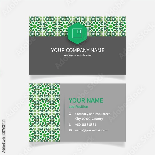 Business Card simple template with Green theme color and islamic ornament concept