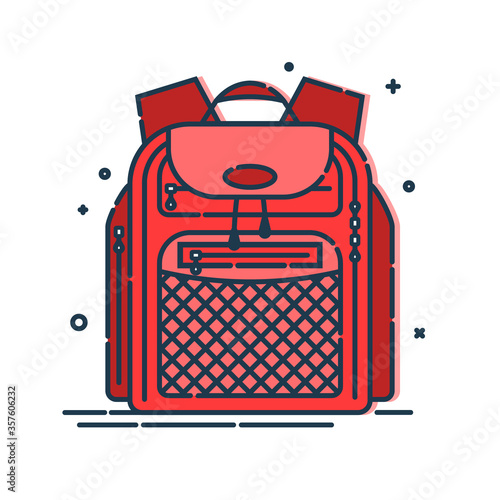 Backpack or schoolbag with pockets and zipper element. Education and study rucksack for students and traveling icon. Tourism bag. Front view. Flat line art illustration isolated on white background