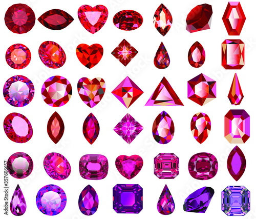 Illustration set of red gems of different cuts and shapes