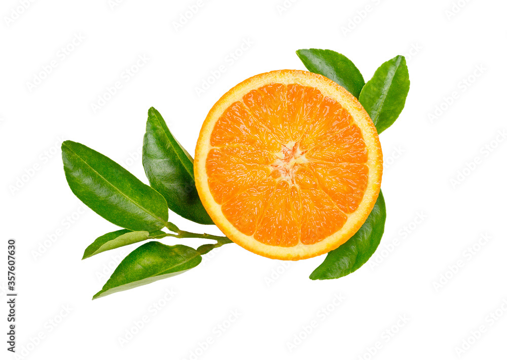 Fresh orange slice with leaves isolated on white background. Fresh orange slice with leaves isolated on white background.