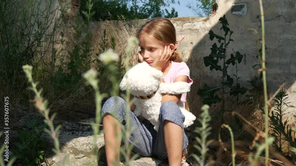 Sad Kid, Child in Abandoned Demolished House, Unhappy Abandoned Stray Girl Orphan, 4K Sad Kid, Child in Abandoned Demolished House, Unhappy Abandoned Stray Girl Orphan, 4K