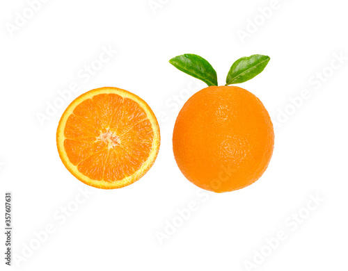 Fresh orange citrus fruit and orange slice with leaves isolated on white background.