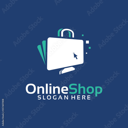 Online Shop Logo designs Template, Computer and Shopping bag logo Vector illustration