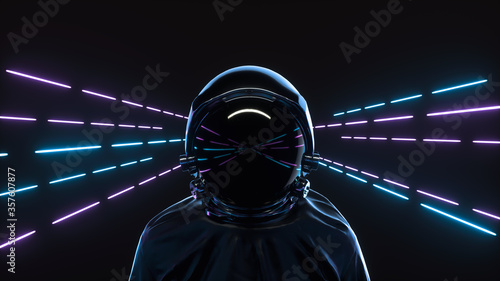 Retrowave style 3d illustration. Futuristic astronaut on neon background