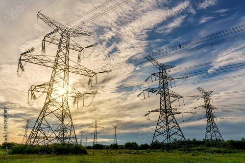 Hydro transmission towers and electricity power lines in the morning