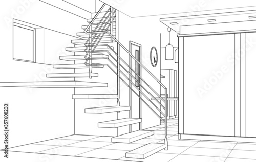 
sketch of interior hall stairs 3d illustration