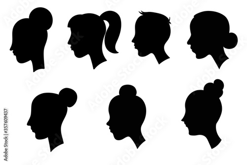 Set of profile portraits. Young women with different hairstyles