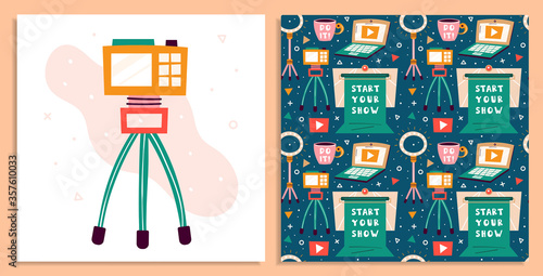 Blogging, vlogging set. Filming items. Laptop, camera, tripod, lightning, cup of coffee, chroma key. Flat colourful vector seamless pattern, texture, background, backdrop isolated. Card making.