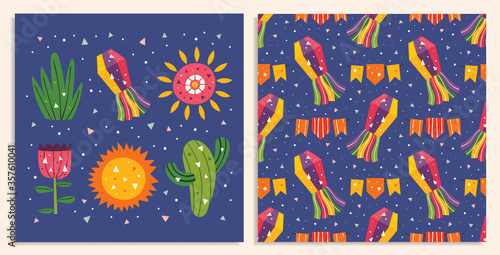 Mexico holiday. Flags, pinata, cactus, sun, flower, grass. Mexican party national decoration. Latin America summer night. Flat colourful vector seamless pattern, texture, background. Card making.