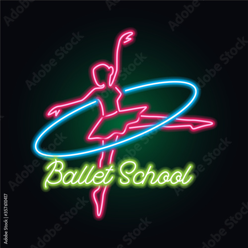 ballet neon sign for ballet school, dance studio. vector illustration

