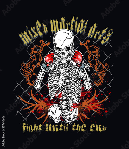 Skull and crossbones. Vector skull illustration, with MMA gloves, with grid and texture background. Suggested use for posters, banners, t-shirts and promotional items.