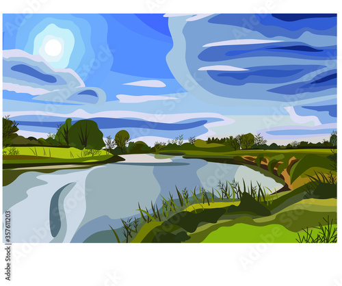 Vector image of nature. Rectangular landscape with forest, meadow and river for interior decoration or print. Flora in summer open spaces.