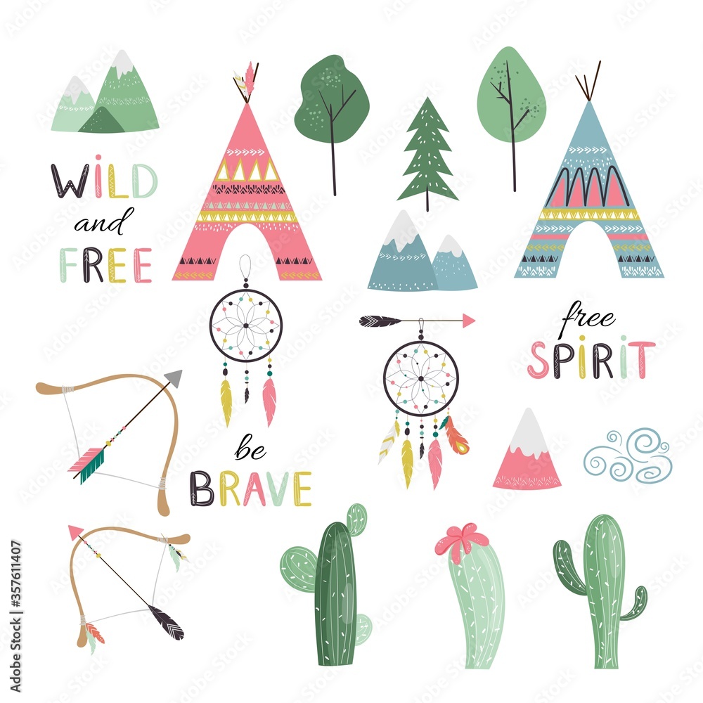 Set with native american elements for your design. Wigwam, arrows, hand drawn lettering, forest, mountain, dream catcher Set with native american elements for your design. Wigwam, arrows, hand drawn lettering, forest, mountain, dream catcher